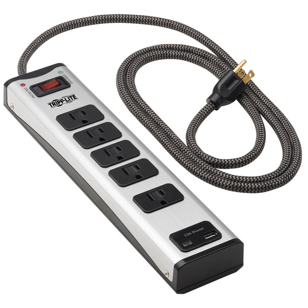 Tripp Lite 5-Outlet Surge Protector with 1 USB-A and 1 USB-C (3.9A Shared) - 6 ft. Cord, 2100 Joules, Metal Housing TLM506USBC 037332260062
