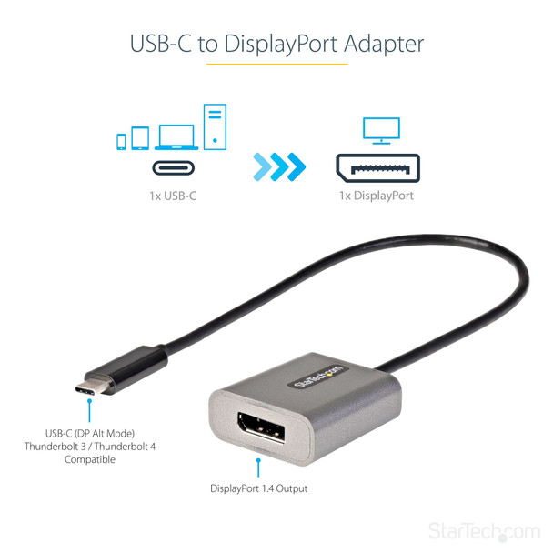 StarTech.com USB C to DisplayPort Adapter - 8K/4K 60Hz USB-C to DisplayPort 1.4 Adapter Dongle - USB Type-C to DP Monitor Video Converter - Works w/Thunderbolt 3 - w/12" Long Attached Cable CDP2DPEC 065030888851