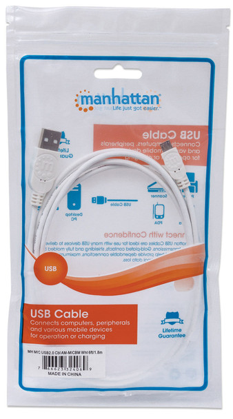 Manhattan USB-A to Micro-USB Cable, 1.8m, Male to Male, 480 Mbps (USB 2.0), Hi-Speed USB, White, Lifetime Warranty, Polybag 324069 766623324069