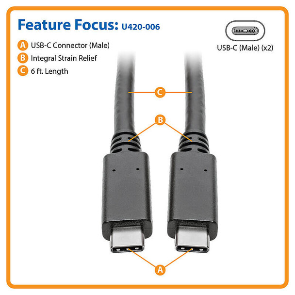 Tripp Lite U420-006 USB-C Cable (M/M) - USB 3.1, Gen 1 (5 Gbps), Thunderbolt 3 Compatible, 6 ft. (1.83 m) U420-006 037332218407