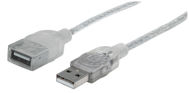 Manhattan USB-A to USB-A Extension Cable, 1.8m, Male to Female, 480 Mbps (USB 2.0), Hi-Speed USB, Translucent Silver, Lifetime Warranty, Polybag 336314 766623336314