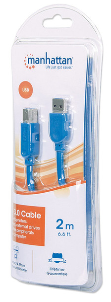 Manhattan USB-A to USB-B Cable, 2m, Male to Male, 5 Gbps (USB 3.2 Gen1 aka USB 3.0), SuperSpeed USB, Blue, Lifetime Warranty, Blister 393881 766623393881
