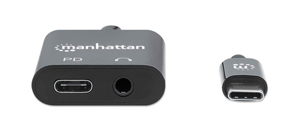 Manhattan USB-C to Headphone Jack (3.5mm) and USB-C (inc Power Delivery), Black, 480 Mbps (USB 2.0), Cable 11cm, Audio, With Power Delivery to USB-C Port (60W), Equivalent to Startech CDP235APDM , Three Year Warranty, Retail Box 153355 766623153355