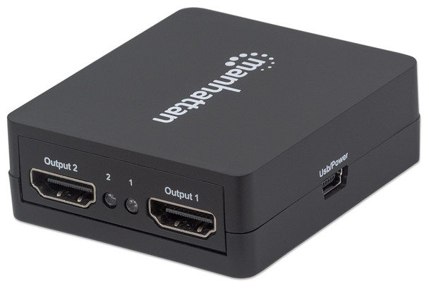 Manhattan HDMI Splitter 2-Port , 1080p, Black, Displays output from x1 HDMI source to x2 HD displays (same output to both displays), USB-A Powered (cable included, 0.7m), Three Year Warranty, Retail Box 207652 766623207652