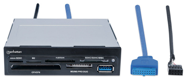 Manhattan 3.5" Bay Mount Expansion Panel, 1x USB-A port, Multi-Card Reader/Writer 48-in-1, 5 Gbps (USB 3.2 Gen1 aka USB 3.0), SuperSpeed USB, Black, Three Year Warranty, Box 101967 766623101967