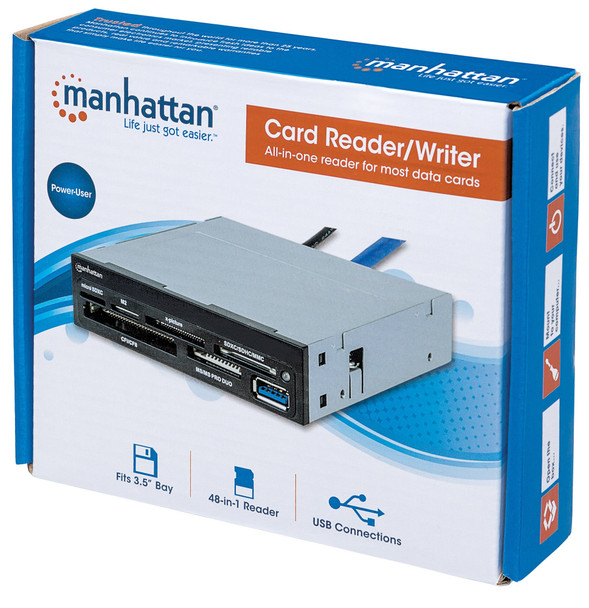 Manhattan 3.5" Bay Mount Expansion Panel, 1x USB-A port, Multi-Card Reader/Writer 48-in-1, 5 Gbps (USB 3.2 Gen1 aka USB 3.0), SuperSpeed USB, Black, Three Year Warranty, Box 101967 766623101967