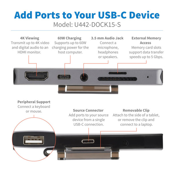 Tripp Lite U442-DOCK15-S USB-C Dock with Removable Clip - For Laptops and Tablets, 4K HDMI, USB-A Hub, 60W PD Charging U442-DOCK15-S 037332251701