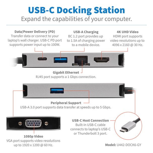 Tripp Lite U442-DOCK6-GY USB-C Dock, Dual Display - 4K HDMI, VGA, USB 3.2 Gen 1, USB-A/C Hub, GbE, 100W PD Charging U442-DOCK6-GY 037332240774