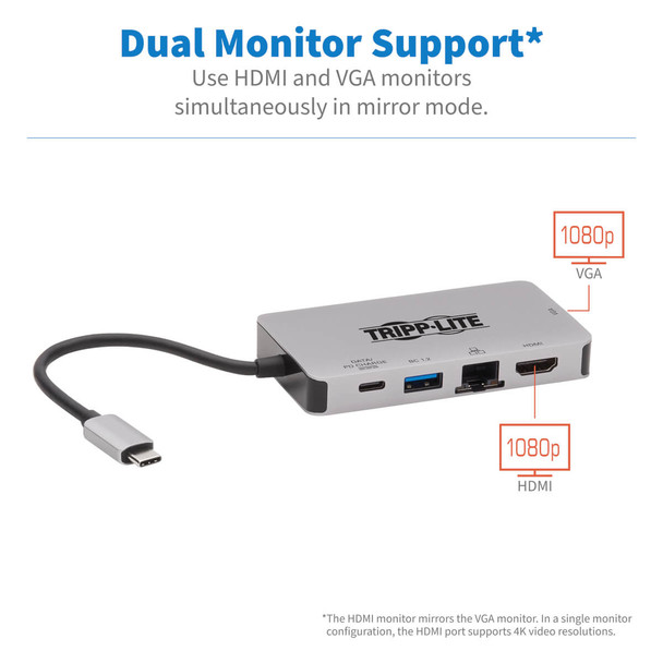 Tripp Lite U442-DOCK6-GY USB-C Dock, Dual Display - 4K HDMI, VGA, USB 3.2 Gen 1, USB-A/C Hub, GbE, 100W PD Charging U442-DOCK6-GY 037332240774