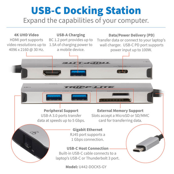 Tripp Lite U442-DOCK5-GY USB-C Dock - 4K HDMI, USB 3.2 Gen 1, USB-A Hub, GbE, Memory Card, 100W PD Charging U442-DOCK5-GY 037332241016