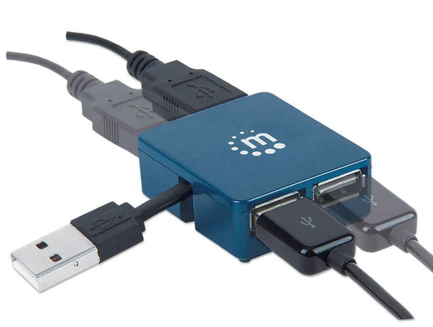 Manhattan USB-A 4-Port Micro Hub, 4x USB-A Ports, Blue, 480 Mbps (USB 2.0), Bus Power, Equivalent to Startech ST4200MINI2, Hi-Speed USB, Three Year Warranty, Blister 160605 766623160605