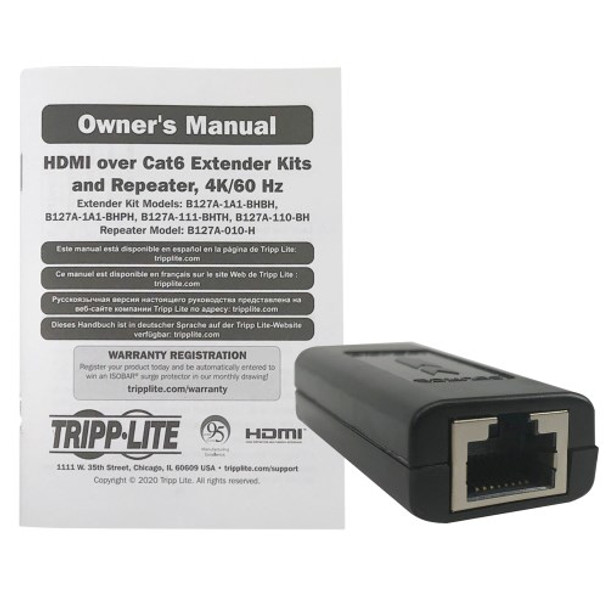 Tripp Lite B127A-010-H Signal Repeater for B127A Extenders, Over Cat6, 4K 60Hz, HDR, 4:4:4, PoC, HDCP 2.2, 400 ft., TAA B127A-010-H 037332261342