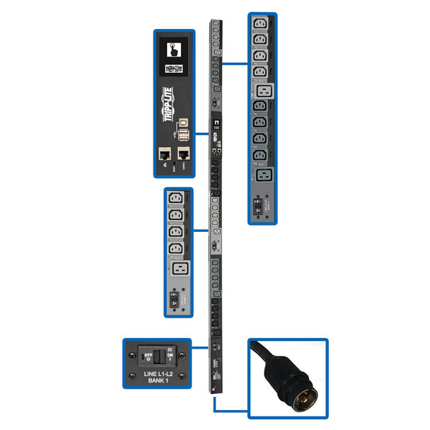 Tripp Lite 14.5kW 3-Phase Switched PDU, LX Interface, 200/208/240V Outlets (24 C13/6 C19), LCD, Hubbell CS8365C, 1.8m/6 ft. Cord, 0U 1.8m/70 in. Height, TAA PDU3EVSR6H50 037332195388