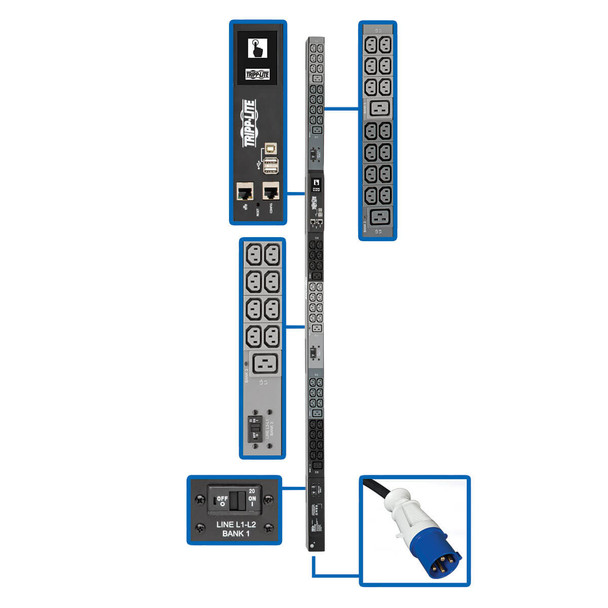 Tripp Lite 14.5kW 3-Phase Monitored PDU, LX Interface, 200/208/240V Outlets (42 C13/6 C19), LCD, IEC-309 60A Blue, 1.8m/6 ft. Cord, 0U 1.8m/70 in. Height, TAA PDU3EVN6G60B 037332195333