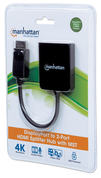 Manhattan DisplayPort 1.2 to 2-Port HDMI Splitter Hub with MST, 4K@30Hz, USB-A Powered, Video Wall Function, HDCP 2.2, Black, Three Year Warranty, Blister 152716 766623152716