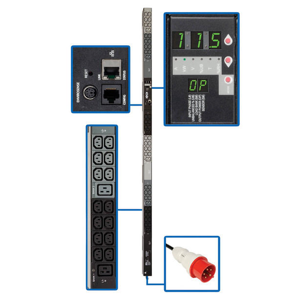Tripp Lite PDU3XVN6G20 11.5kW 3-Phase Monitored PDU, 208-240V Outlets (42 C13, 6 C19), IEC309 16/20A Red, 360-415V Input, 0U, TAA PDU3XVN6G20 037332182975