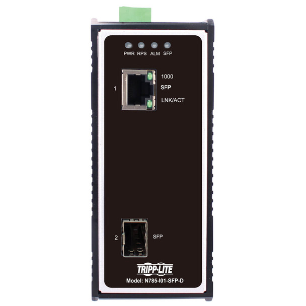 Tripp Lite Industrial Gigabit Fiber to Ethernet Media Converter, 10/100/1000 Mbps, RJ45/SFP, -40° to 75°C, DC Power N785-I01-SFP-D 037332268587