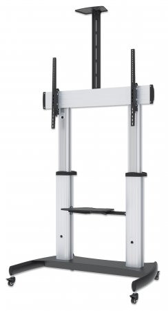 Manhattan TV & Monitor Mount, Trolley Stand, 1 screen, Screen Sizes: 60-100", Silver/Black, VESA 200x200 to 800x600mm, Max 100kg, Height adjustable 1200 to 1685mm, Camera and AV shelves, Aluminium, LFD, Lifetime Warranty 461672 766623461672