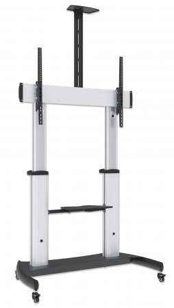 Manhattan TV & Monitor Mount, Trolley Stand, 1 screen, Screen Sizes: 60-100", Silver/Black, VESA 200x200 to 800x600mm, Max 100kg, Height adjustable 1200 to 1685mm, Camera and AV shelves, Aluminium, LFD, Lifetime Warranty 461672 766623461672