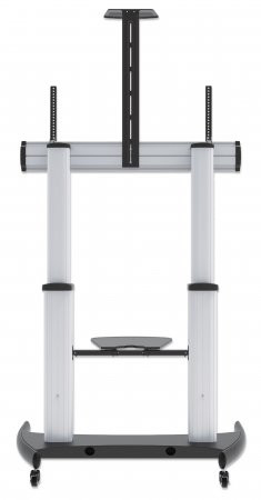 Manhattan TV & Monitor Mount, Trolley Stand, 1 screen, Screen Sizes: 60-100", Silver/Black, VESA 200x200 to 800x600mm, Max 100kg, Height adjustable 1200 to 1685mm, Camera and AV shelves, Aluminium, LFD, Lifetime Warranty 461672 766623461672