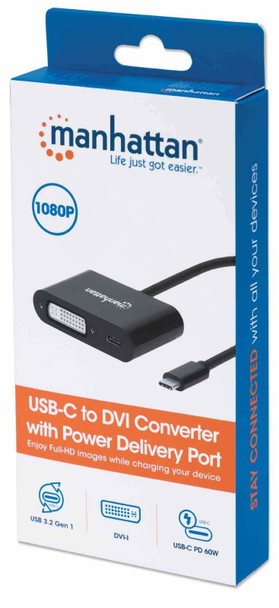 Manhattan USB-C to DVI-I and USB-C (inc Power Delivery), 1080p@60Hz, 19.5cm, Black, Power Delivery to USB-C (60W), Male to Females, Equivalent to Startech CDP2DVIUCP, Compatible with DVD-D, Lifetime Warranty, Box 153423 766623153423