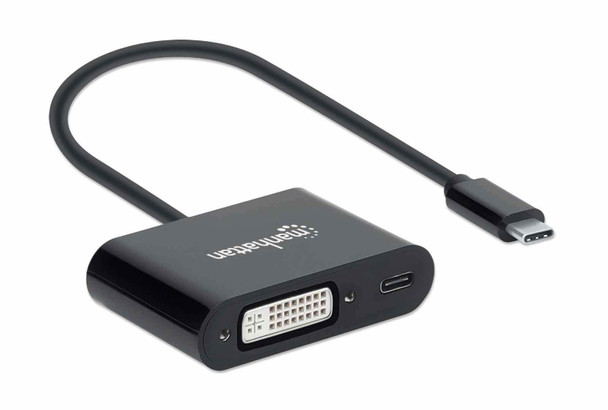 Manhattan USB-C to DVI-I and USB-C (inc Power Delivery), 1080p@60Hz, 19.5cm, Black, Power Delivery to USB-C (60W), Male to Females, Equivalent to Startech CDP2DVIUCP, Compatible with DVD-D, Lifetime Warranty, Box 153423 766623153423