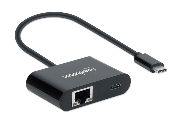 Manhattan USB-C to Gigabit Network and USB-C (inc Power Delivery), 19.5cm, Black, Ethernet RJ45 10/100/1000 Mbps, Power Delivery to USB-C Port (60W), Equivalent to Startech US1GC30PD, Male to Females, Lifetime Warranty, Retail Box 153454 766623153454