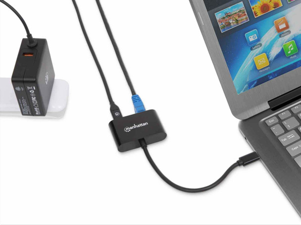 Manhattan USB-C to Gigabit Network and USB-C (inc Power Delivery), 19.5cm, Black, Ethernet RJ45 10/100/1000 Mbps, Power Delivery to USB-C Port (60W), Equivalent to Startech US1GC30PD, Male to Females, Lifetime Warranty, Retail Box 153454 766623153454