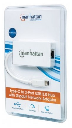 Manhattan USB-C Dock/Hub, Ports (x4): Ethernet and USB-A (3), 10/100/1000 Mbps network, 5 Gbps (USB 3.2 Gen1 aka USB 3.0), External Power Supply Not Needed, 14cm Cable, Equivalent to Startech HB30C3A1GEA, SuperSpeed USB, White, 507608 766623507608