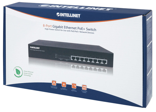 Intellinet 8-Port Gigabit Ethernet PoE+ Switch, 8 x PoE ports, IEEE 802.3at/af Power-over-Ethernet (PoE+/PoE), Endspan, Desktop (Euro 2-pin plug) 560641 766623560641