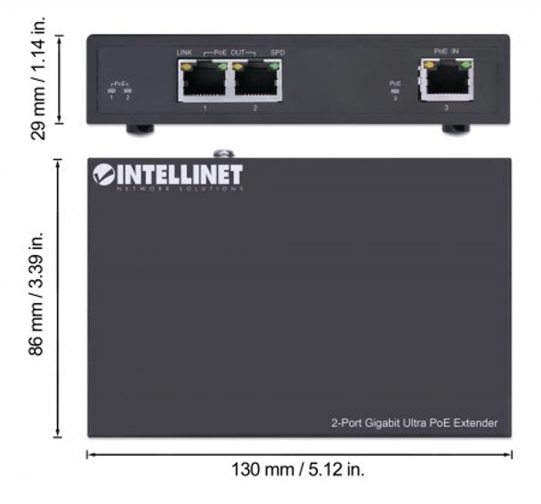 Intellinet 2-Port Gigabit Ultra PoE Extender, Adds up to 100 m (328 ft.) to PoE Range, PoE Power Budget 60 W, Two PSE Ports with 30 W Output Each, IEEE 802.3bt/at/af Compliant, Metal Housing 561600 766623561600