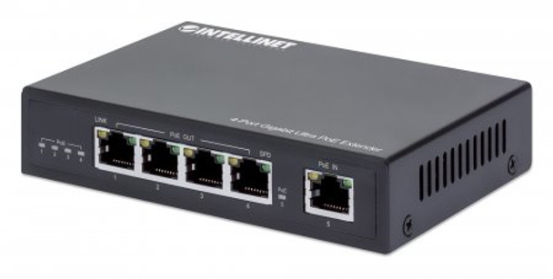 Intellinet 4-Port Gigabit Ultra PoE Extender, Adds up to 100 m (328 ft.) to PoE Range, 90 W PoE Power Budget, Four PSE Ports with up to 30 W Output, IEEE 802.3bt/at/af Compliant, Metal Housing 561617 766623561617