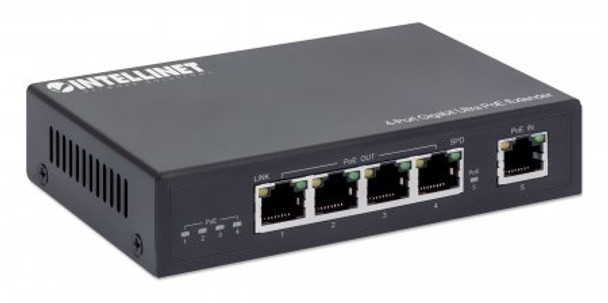 Intellinet 4-Port Gigabit Ultra PoE Extender, Adds up to 100 m (328 ft.) to PoE Range, 90 W PoE Power Budget, Four PSE Ports with up to 30 W Output, IEEE 802.3bt/at/af Compliant, Metal Housing 561617 766623561617