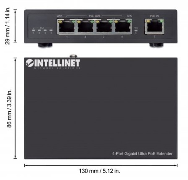 Intellinet 4-Port Gigabit Ultra PoE Extender, Adds up to 100 m (328 ft.) to PoE Range, 90 W PoE Power Budget, Four PSE Ports with up to 30 W Output, IEEE 802.3bt/at/af Compliant, Metal Housing 561617 766623561617