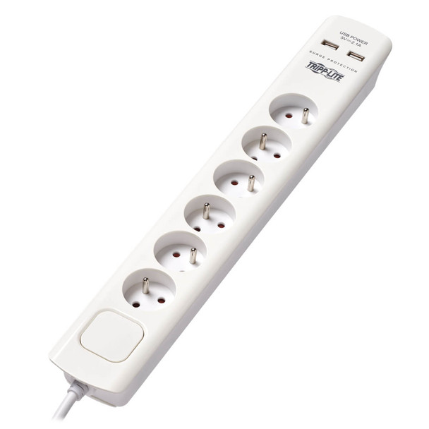 Tripp Lite TLP6F18USB 6-Outlet Surge Protector with USB Charging - French Type E Outlets, 220-250V, 16A, 1.8 m Cord, Type E Plug, White TLP6F18USB 037332251510