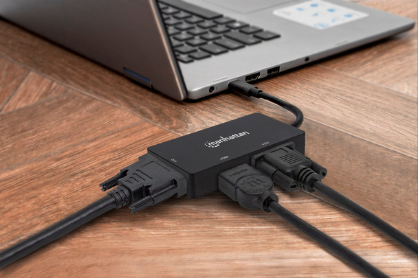 Manhattan USB-C Dock/Hub, Ports (x3): DVI-I, HDMI and VGA Ports, Note: Only One Port can be used at a time, External Power Supply Not Needed, Cable 10cm, Black, Three Year Warranty, Blister 152983 766623152983