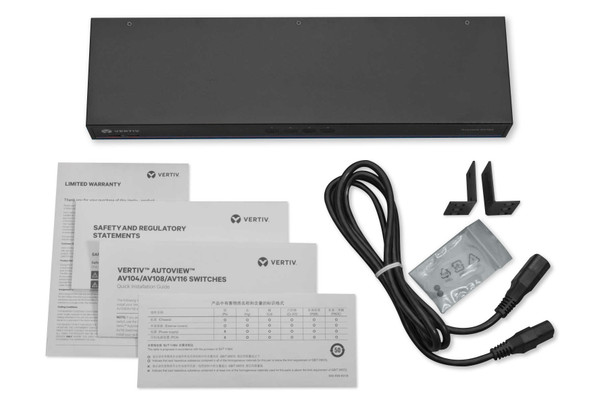 Vertiv Avocent 1x4 KVM switch with USB, push (touch) button switching, keystroke switching, cascade support, internal power supply, includes 4 CBL0170 cables AV104BND4-400 636430085838