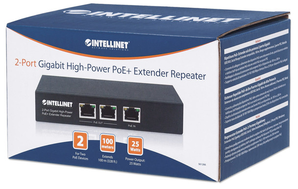 Intellinet 2-Port Gigabit High-Power PoE+ Extender Repeater, IEEE 802.3at/af Power over Ethernet (PoE+/PoE), metal 561266 766623561266