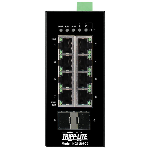 Tripp Lite NGI-U08C2 8-Port Unmanaged Industrial Gigabit Ethernet Switch - 10/100/1000 Mbps, 2 GbE SFP Slots, -40° to 75°C, DIN Mount NGI-U08C2 037332265906