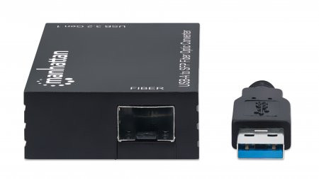 Manhattan USB-A to SFP Fibre Optic Converter, 5 Gbps (USB 3.2 Gen1), Gigabit (1000 Mbps) Ethernet Optical Network Connection, Open SFP Slot, Equivalent to Startech US1GA30SFP, SuperSpeed USB, Fiber, Black, 152297 766623152297