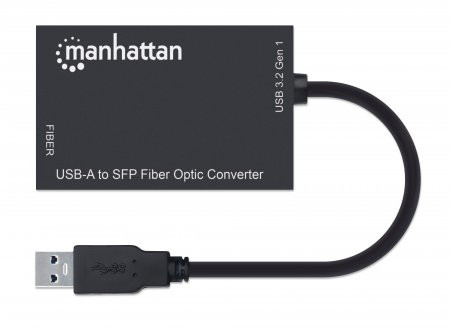 Manhattan USB-A to SFP Fibre Optic Converter, 5 Gbps (USB 3.2 Gen1), Gigabit (1000 Mbps) Ethernet Optical Network Connection, Open SFP Slot, Equivalent to Startech US1GA30SFP, SuperSpeed USB, Fiber, Black, 152297 766623152297