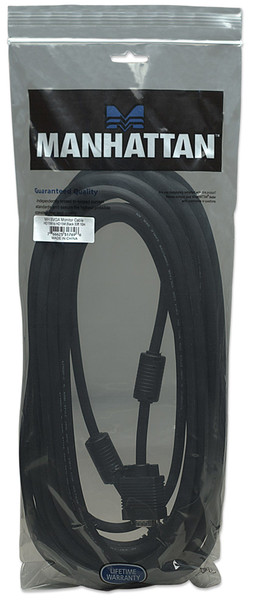 Manhattan VGA Monitor Cable with Ferrite Cores, 10m, Black, Male to Male, HD15, Cable of higher SVGA Specification, Shielding with Ferrite Cores helps minimise EMI interference for improved video transmission, Poly bag, 317696 766623317696