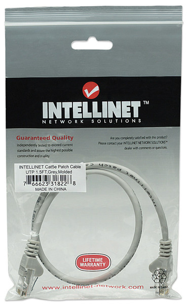 Intellinet Network Patch Cable, Cat5e, 0.5m, Grey, CCA, U/UTP, PVC, RJ45, Gold Plated Contacts, Snagless, Booted, Lifetime Warranty, Polybag 318228 766623318228