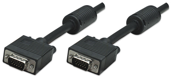 Manhattan VGA Monitor Cable (with Ferrite Cores), 1.8m, Black, Male to Male, HD15, Cable of higher SVGA Specification (fully compatible), Shielding with Ferrite Cores helps minimise EMI interference, Lifetime Warranty, Polyba,g 317757 766623317757