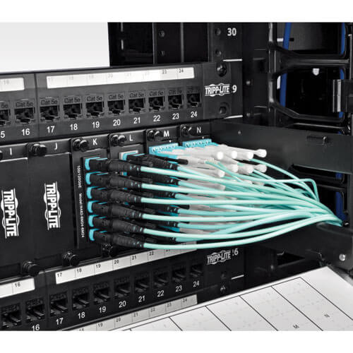 Tripp Lite N844-10M-12-P MTP/MPO Patch Cable with Push/Pull Tabs, 12 Fiber, 40GbE, 40GBASE-SR4, OM3 Plenum-Rated - Aqua, 10M (33 ft.) N844-10M-12-P 037332173751
