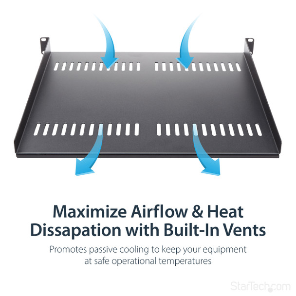 StarTech.com 1U Server Rack Shelf - Universal Vented Rack Mount Cantilever Tray for 19" Network Equipment Rack & Cabinet - Heavy Duty Steel – Weight Capacity 44lb/20kg - 16" Deep Shelf, Black 42654