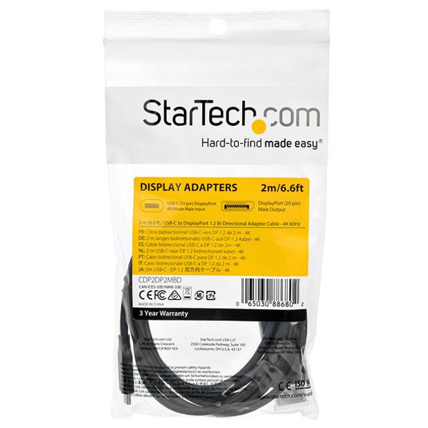 StarTech.com 6ft (2m) USB C to DisplayPort 1.2 Cable 4K 60Hz - Bidirectional DP to USB-C or USB-C to DP Reversible Video Adapter Cable - HBR2/HDR - USB Type C/TB3 Monitor Cable 42756