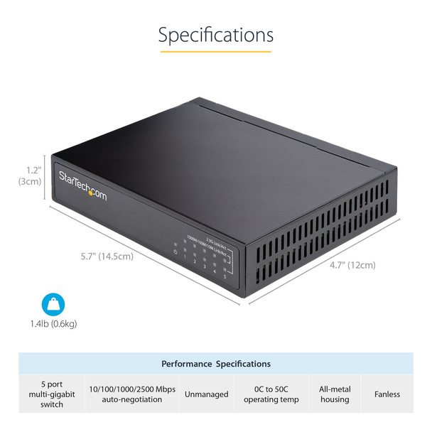 StarTech.com Unmanaged 2.5G Switch - 5 Port Gigabit Switch - 2.5GBASE-T Unmanaged Ethernet Switch - Ethernet Splitter - Din Rail or Wall Mount - Multi-Gigabit - Auto-MDIX - 9K Jumbo DS52000 065030893183