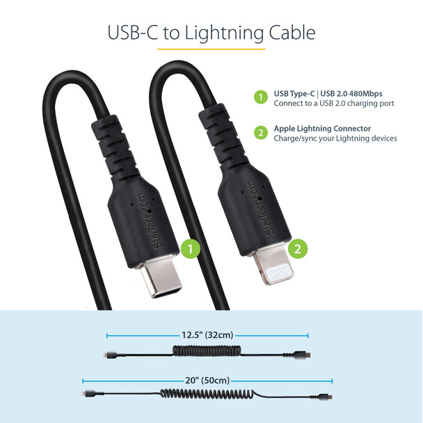 StarTech.com 20in / 50cm USB C to Lightning Cable, MFi Certified, Coiled iPhone Charger Cable, Black, Durable TPE Jacket Aramid Fiber, Heavy Duty Coil Lightning Cable RUSB2CLT50CMBC 065030893640