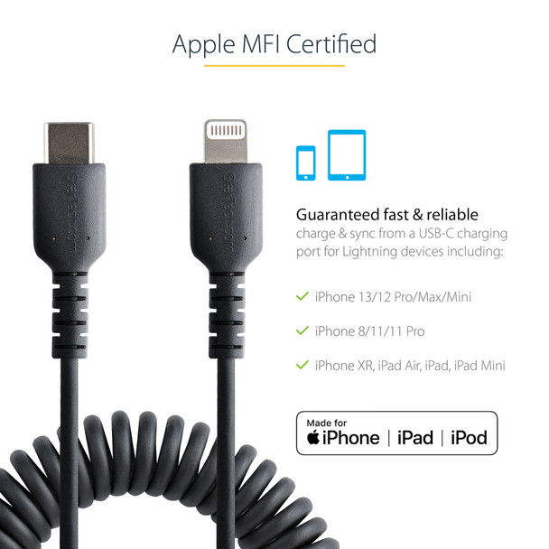 StarTech.com 20in / 50cm USB C to Lightning Cable, MFi Certified, Coiled iPhone Charger Cable, Black, Durable TPE Jacket Aramid Fiber, Heavy Duty Coil Lightning Cable RUSB2CLT50CMBC 065030893640